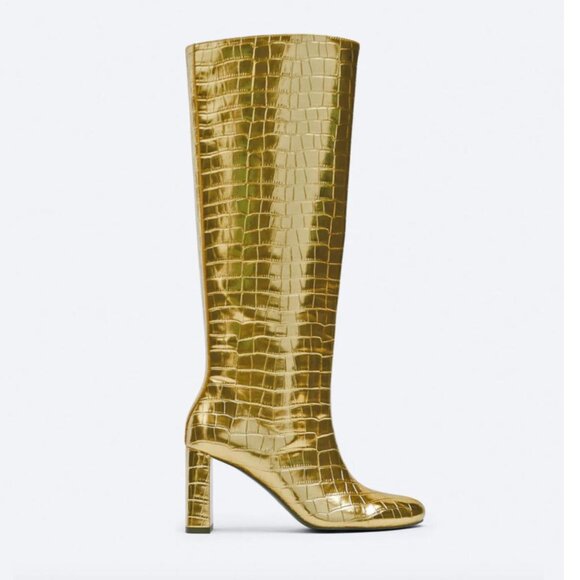 Zara Gold Embossed Knee High Boots - Picture 1 of 5